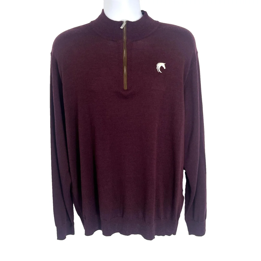 Peter Millar Sweater Mens XL Burgundy Quarter Zip Merino Wool Blend Horse Logo‎